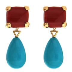 Cushion Coral and Drop Turquoise Earrings 3