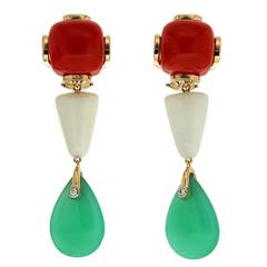 Red Coral Cabochon White Trapezoid Coral Chrysoprase Gold Drop Earrings 10