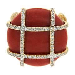 Red Coral Cabochon Diamond Gold Ring