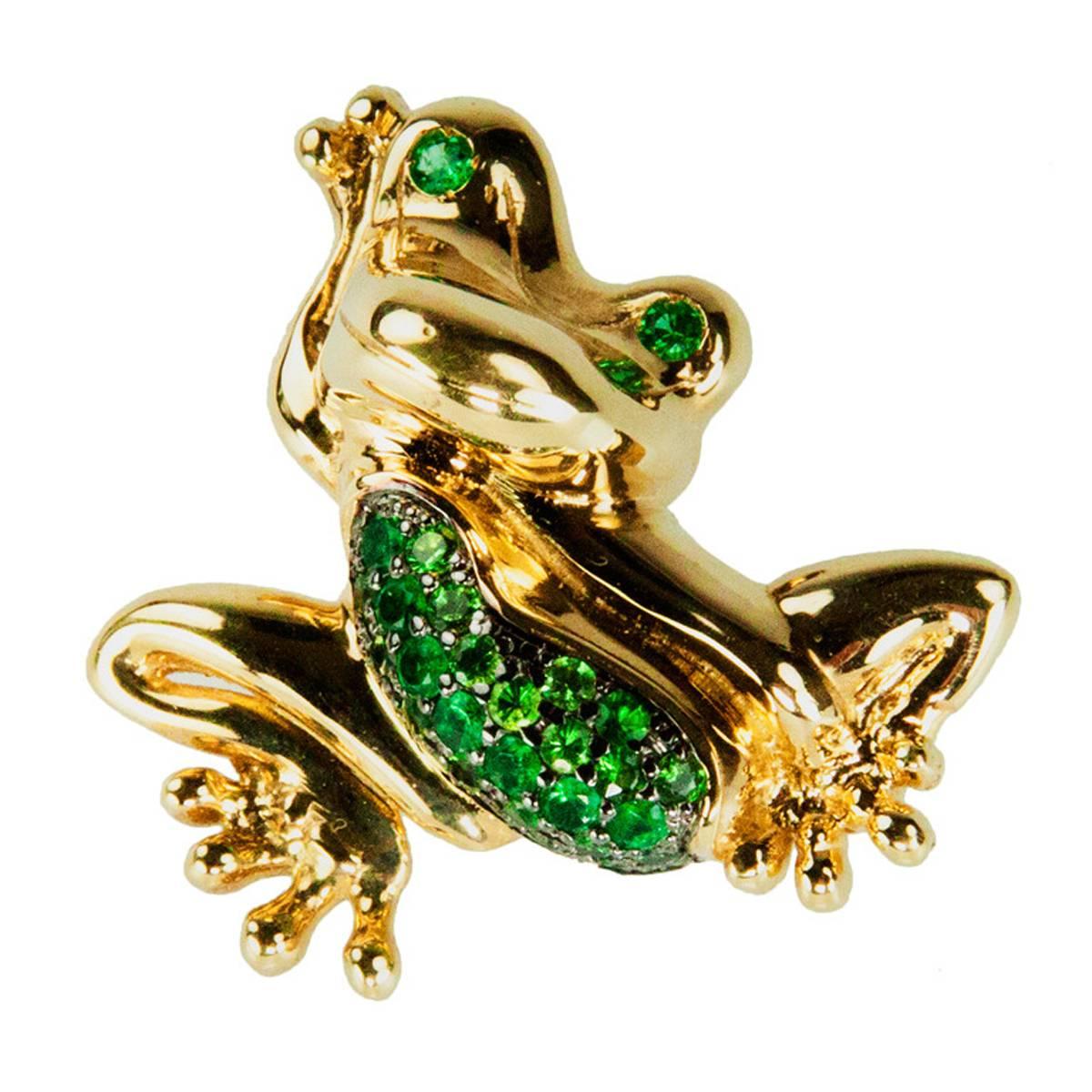 Whimsical Tsavorite Green Garnet Gold Frog Brooch Pin Estate Fine Jewelry