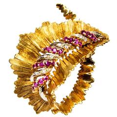 Retro Ruby Diamond Gold Leaf Brooch Pin 11