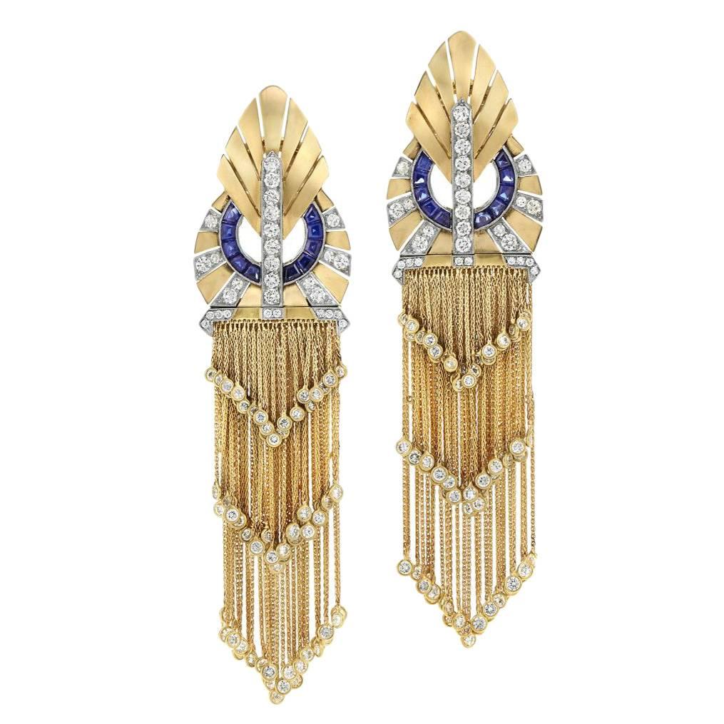  Fred Leighton Sapphire  Diamond Yellow Gold Fringe Earrings