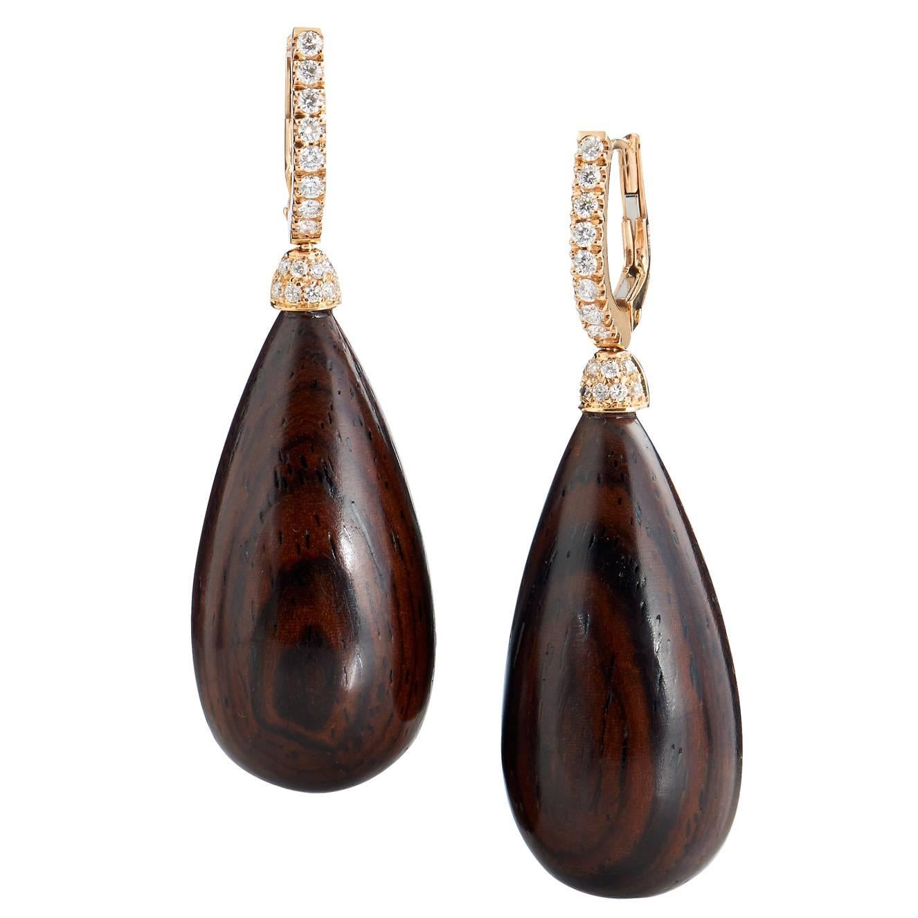 Handcrafted Cocobolo Wood and Diamond Earrings in 18 Karat Rose Gold