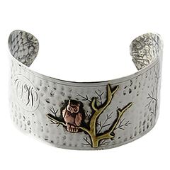 Arts and Crafts Handmade Sterling Silver and Mixed Metal Owl Cuff Bracelet