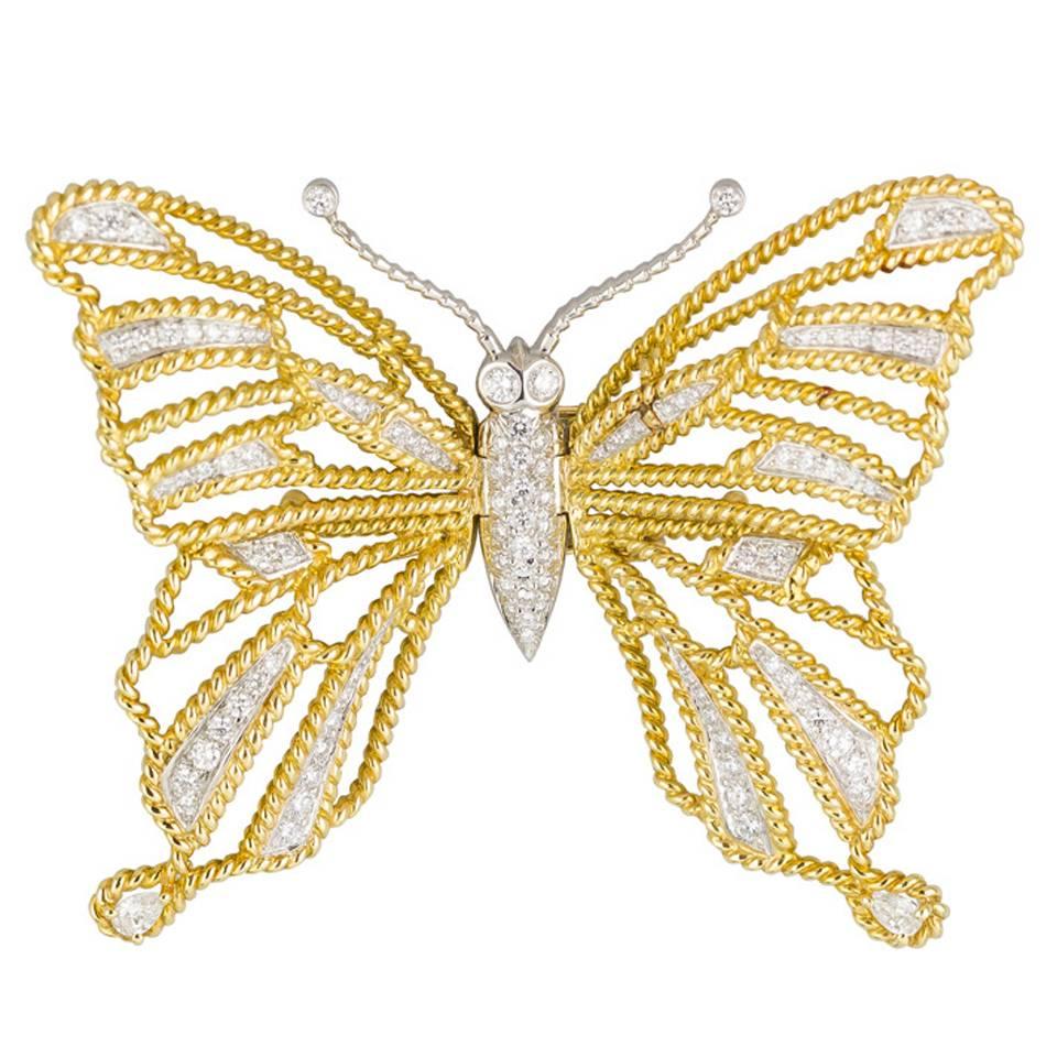 Verdura Diamond Gold Platinum Butterfly Brooch