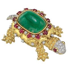 Tiffany & Co. Large Emerald Ruby Diamond Gold Turtle Brooch