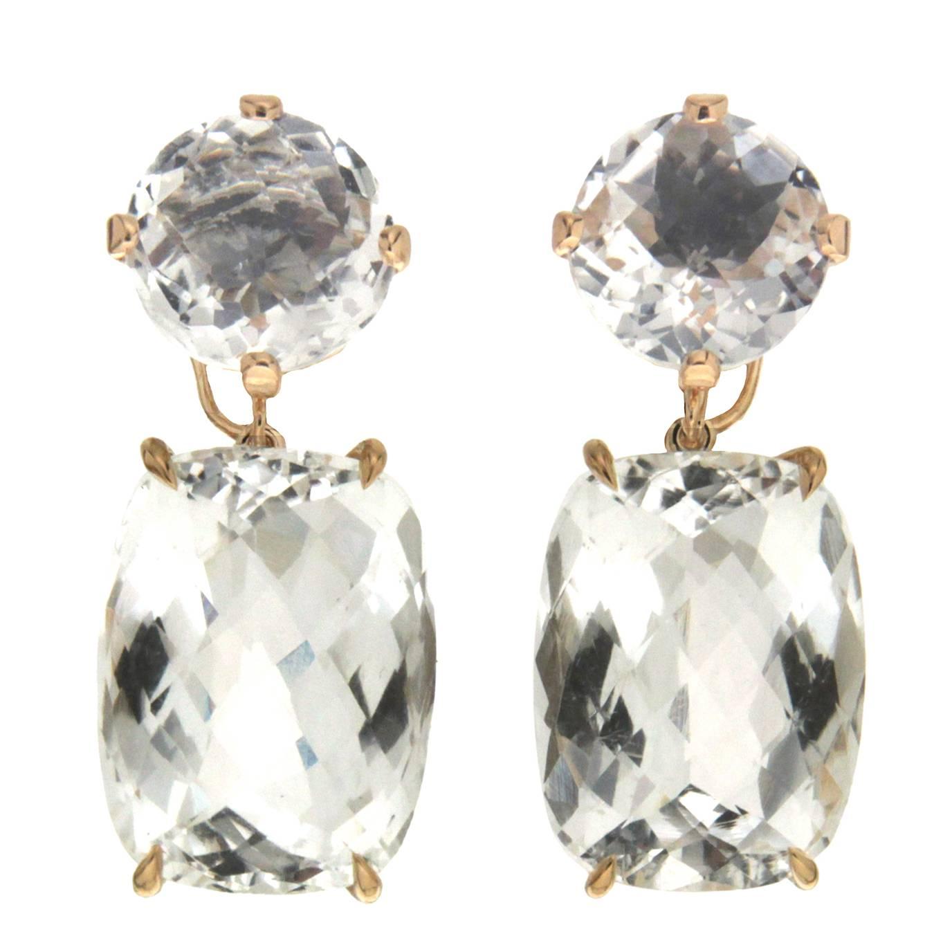 Round and Cushion White Topaz Gold Earrings