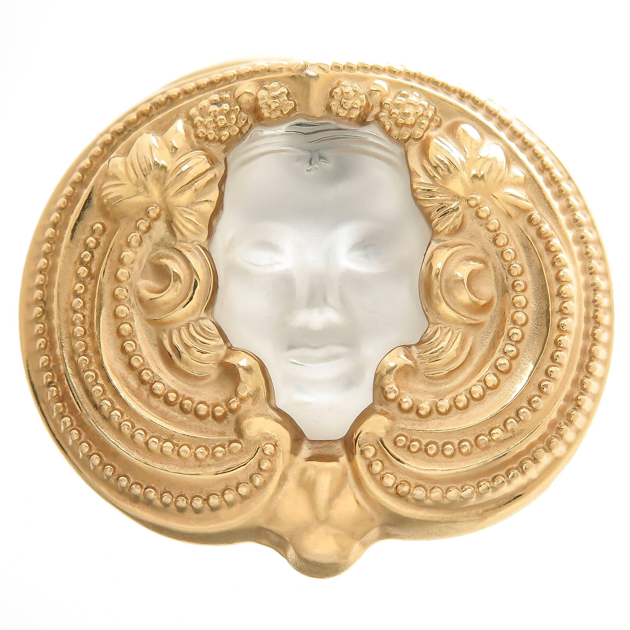 Lalique Masque De Femme Crystal Gilt Metal Brooch