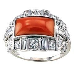Antique Coral Diamond Platinum Art Deco Saddle Ring