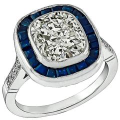 2.80 Carat Cushion Cut Diamond Sapphire Platinum Engagement Ring 7