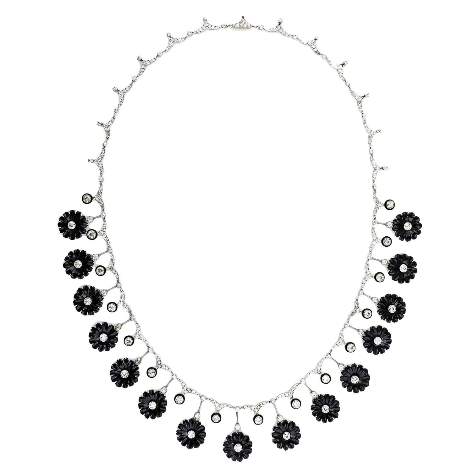 Early Art Deco Onyx Diamond Platinum Flower Necklace For Sale