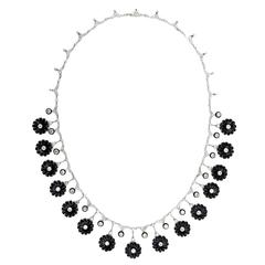 Early Art Deco Onyx Diamond Platinum Flower Necklace