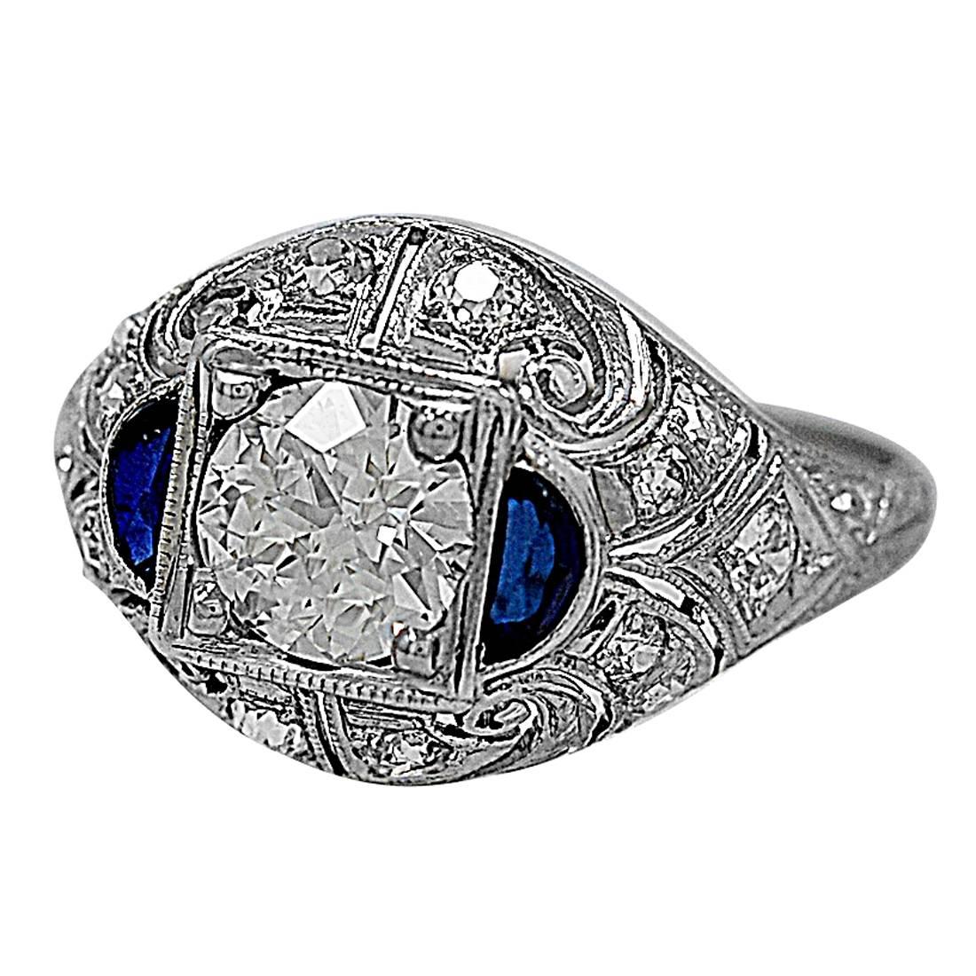 Art Deco .90 Carat Diamond Platinum Engagement Ring 