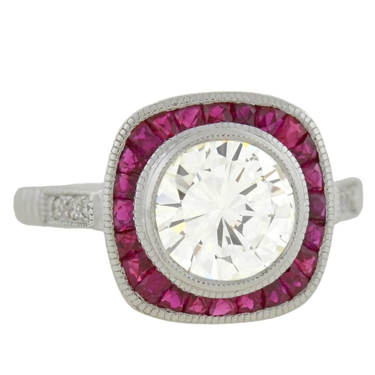 1.52 Carat Diamond Ruby Platinum Bull's Eye Engagement Ring
