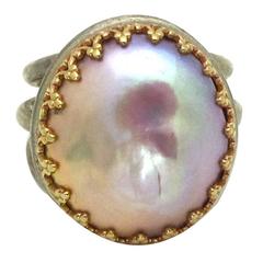 Iridescent Pearl Gold Gallery Wire and Sterling Split Bezel Band Ring