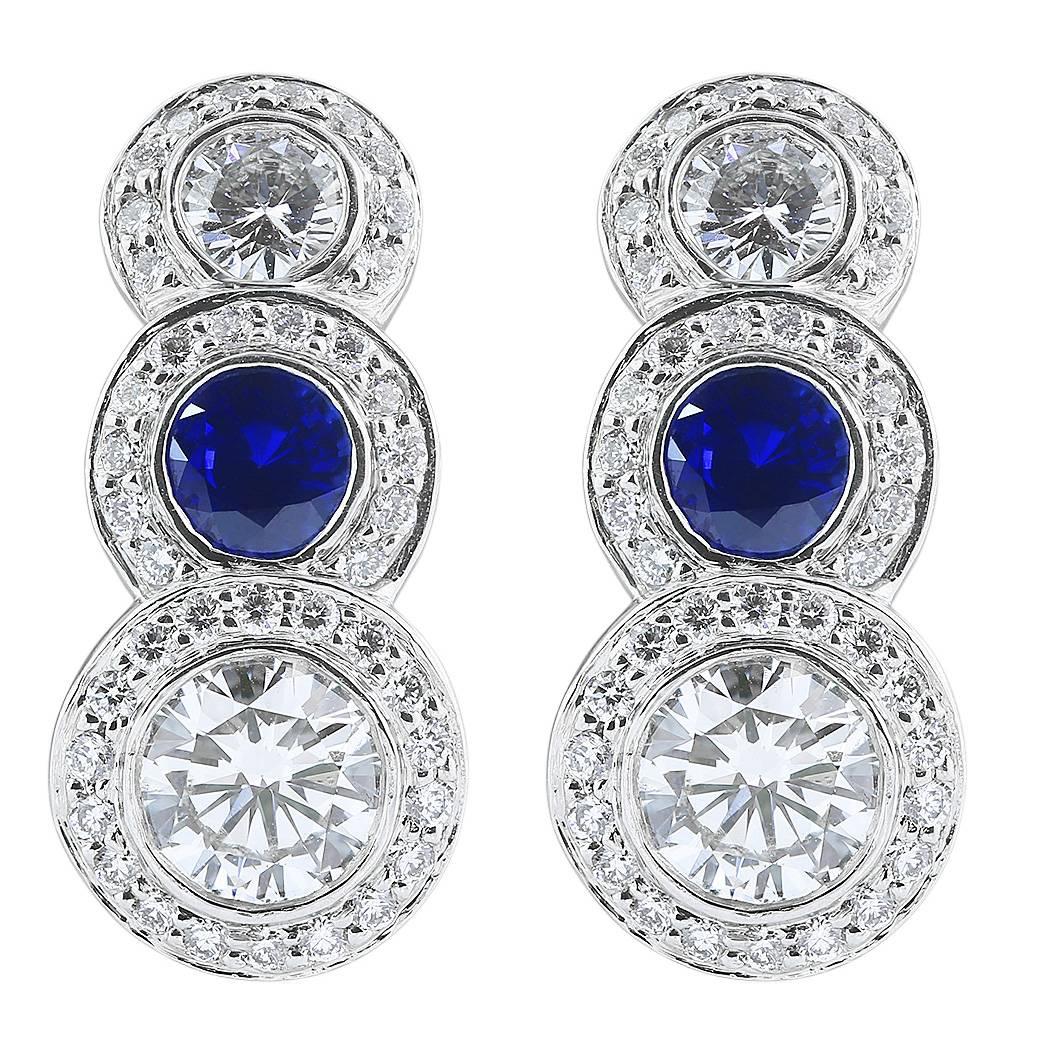 Ratani Sapphire Diamond Platinum Drop Earrings For Sale
