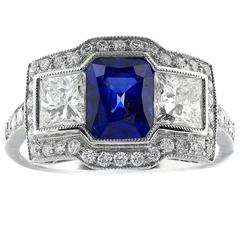 Sapphire Diamond Platinum 3 Stone Ring 4