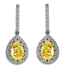 2.11 Carats GIA Cert Canary Diamonds White Diamond Gold Drop Earrings