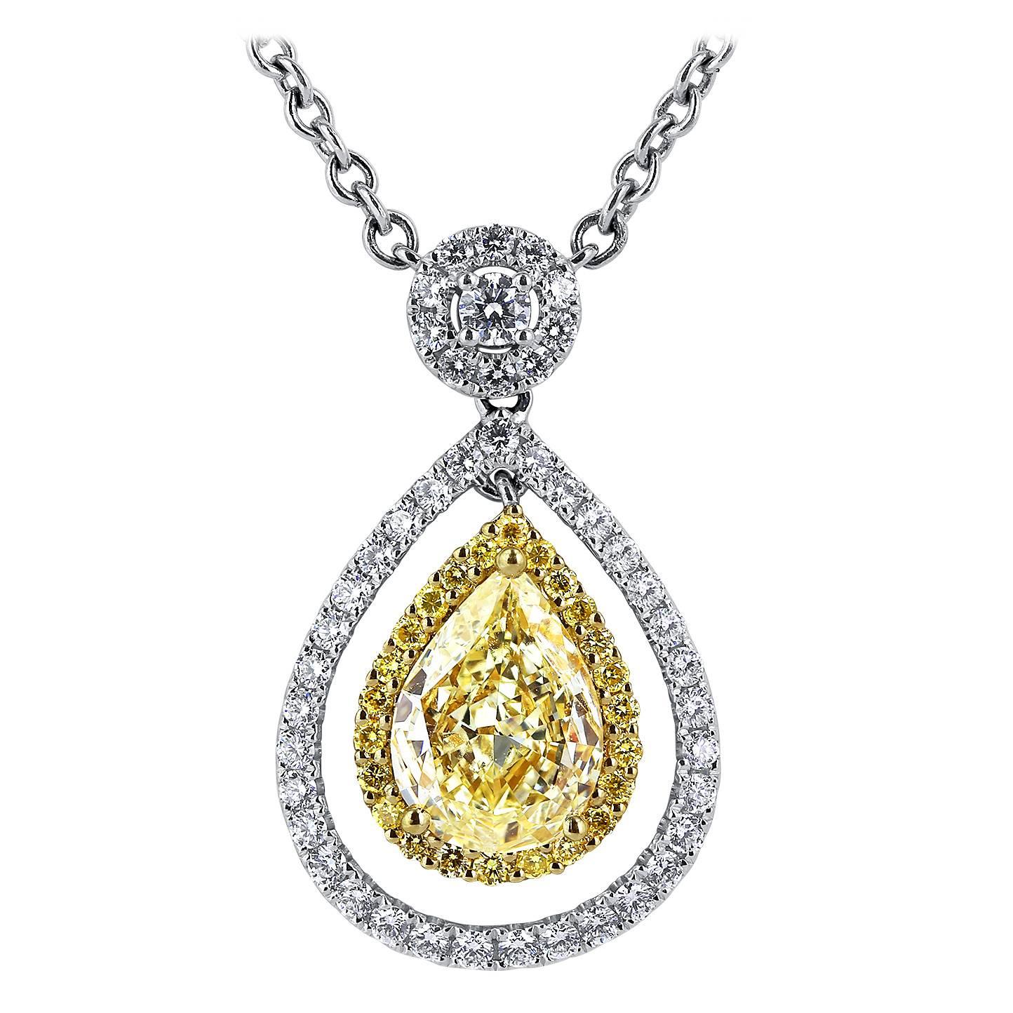 2.02 Carat Pear Shaped Canary Diamond Two Color Gold Pendant