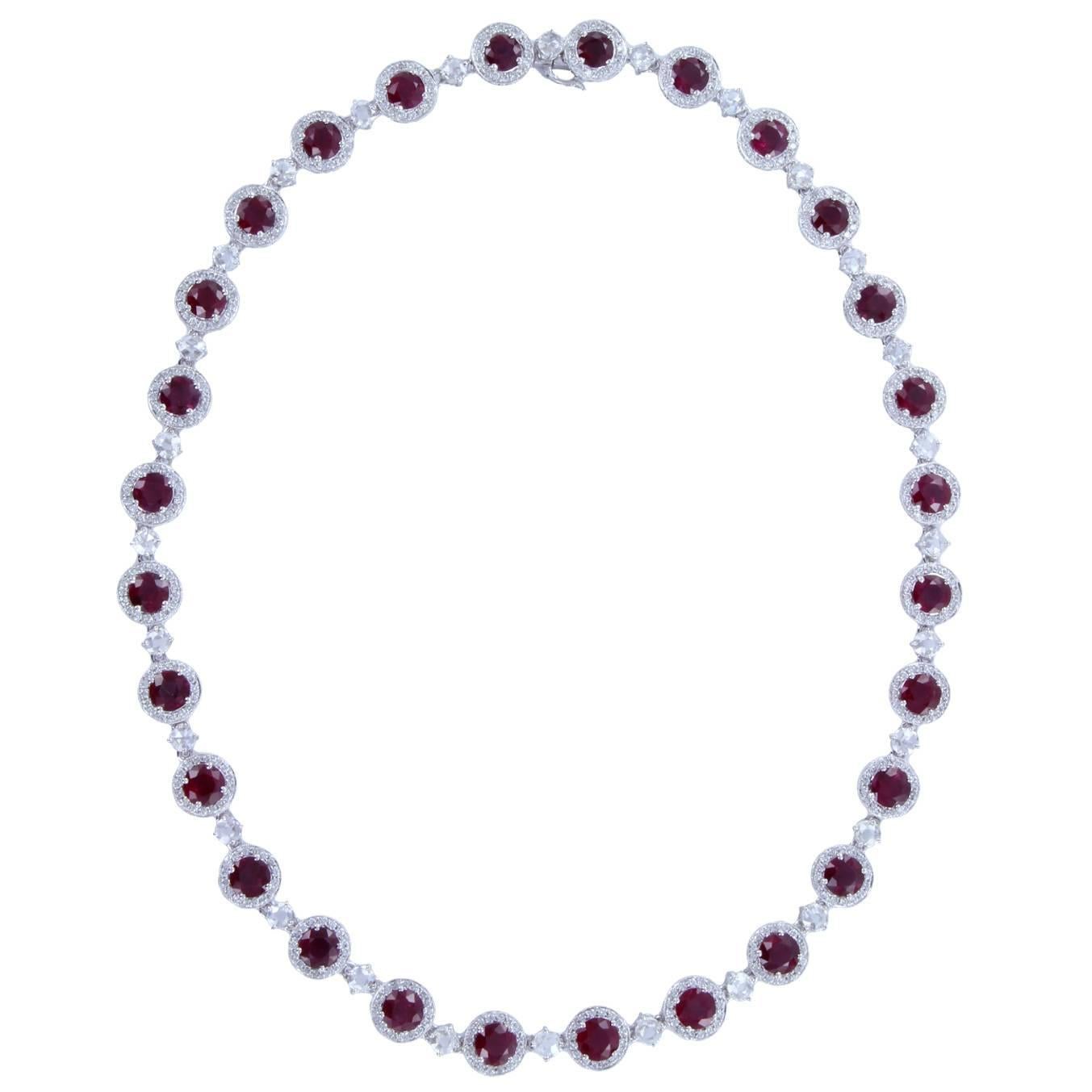 28.11 Carats Rubies Diamond Gold Cluster Necklace For Sale