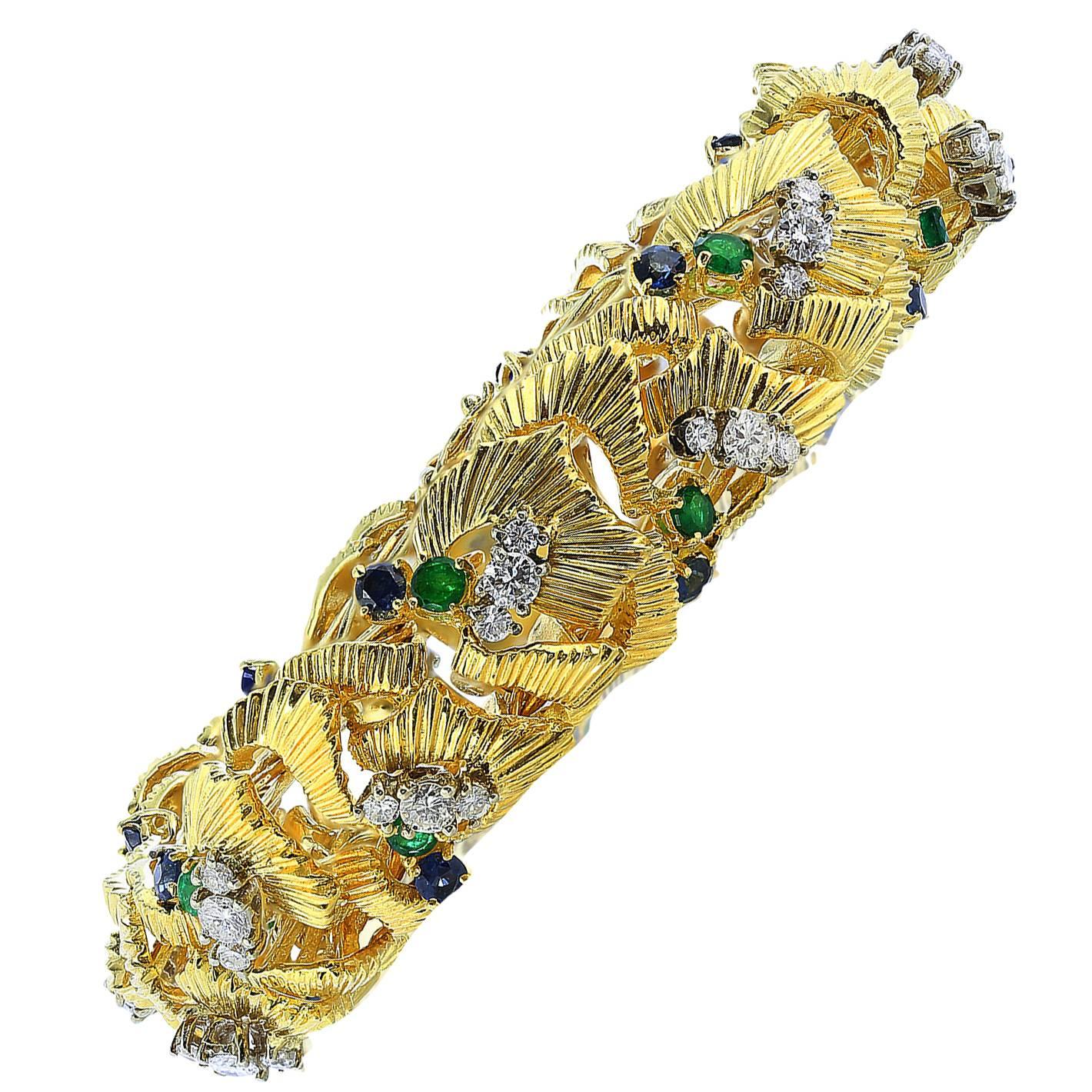 Emerald Sapphire Diamond Gold Bracelet For Sale