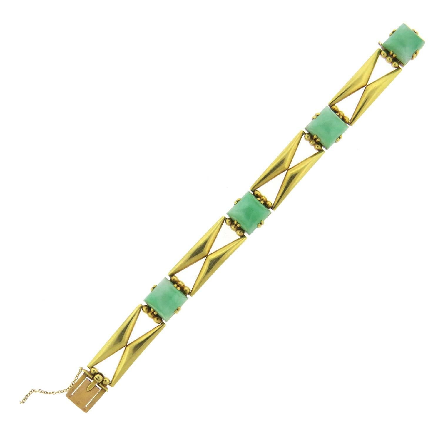 Art Deco French Sugarloaf Cut Jade Gold Bracelet For Sale