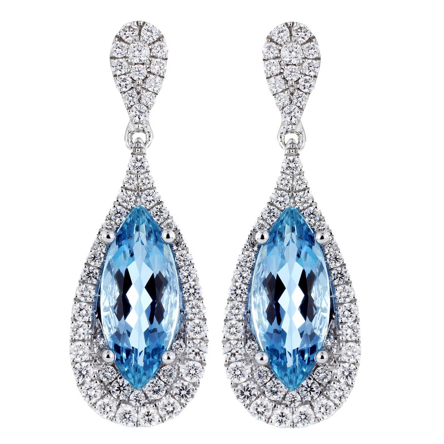3.60 Carat Aquamarines Diamond Gold Tear Drop Shaped Earrings For Sale