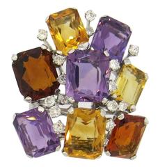 Vintage 1950s Amethyst Citrine Diamond Platinum Brooch Enhancer Pendant