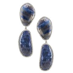 One of a Kind 79.78 Carat Blue Sapphire Diamond Gold Dangle Earrings