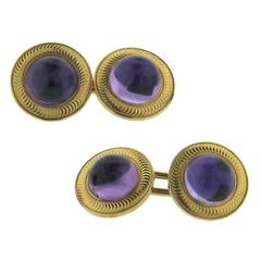 Antique Art Deco Amethyst Cabochon Gold Cufflinks