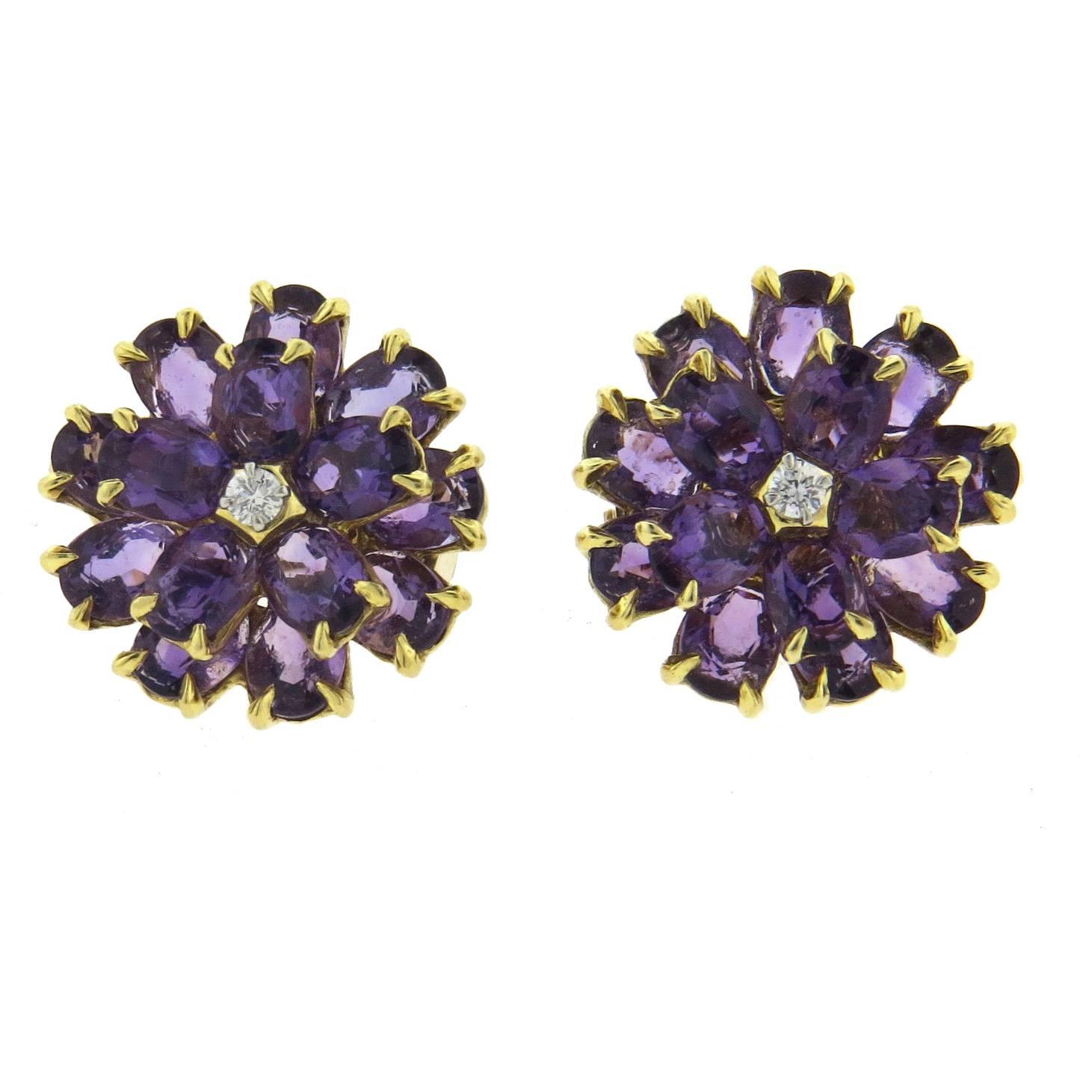 1940s Amethyst Diamond Gold Flower Earrings