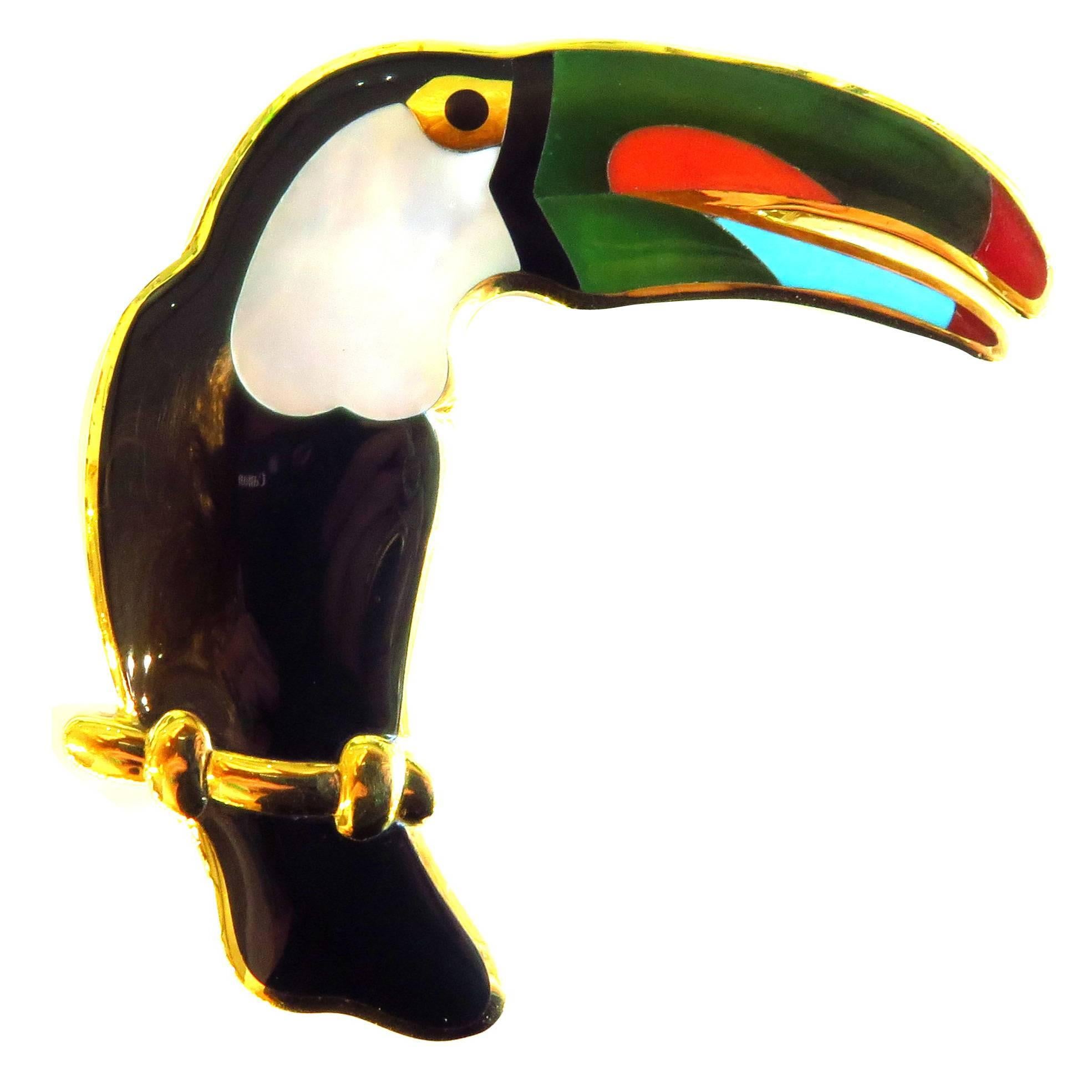 Tiffany & Co. Spectacular Large Multi Inlaid Stones Gold Toucan Brooch