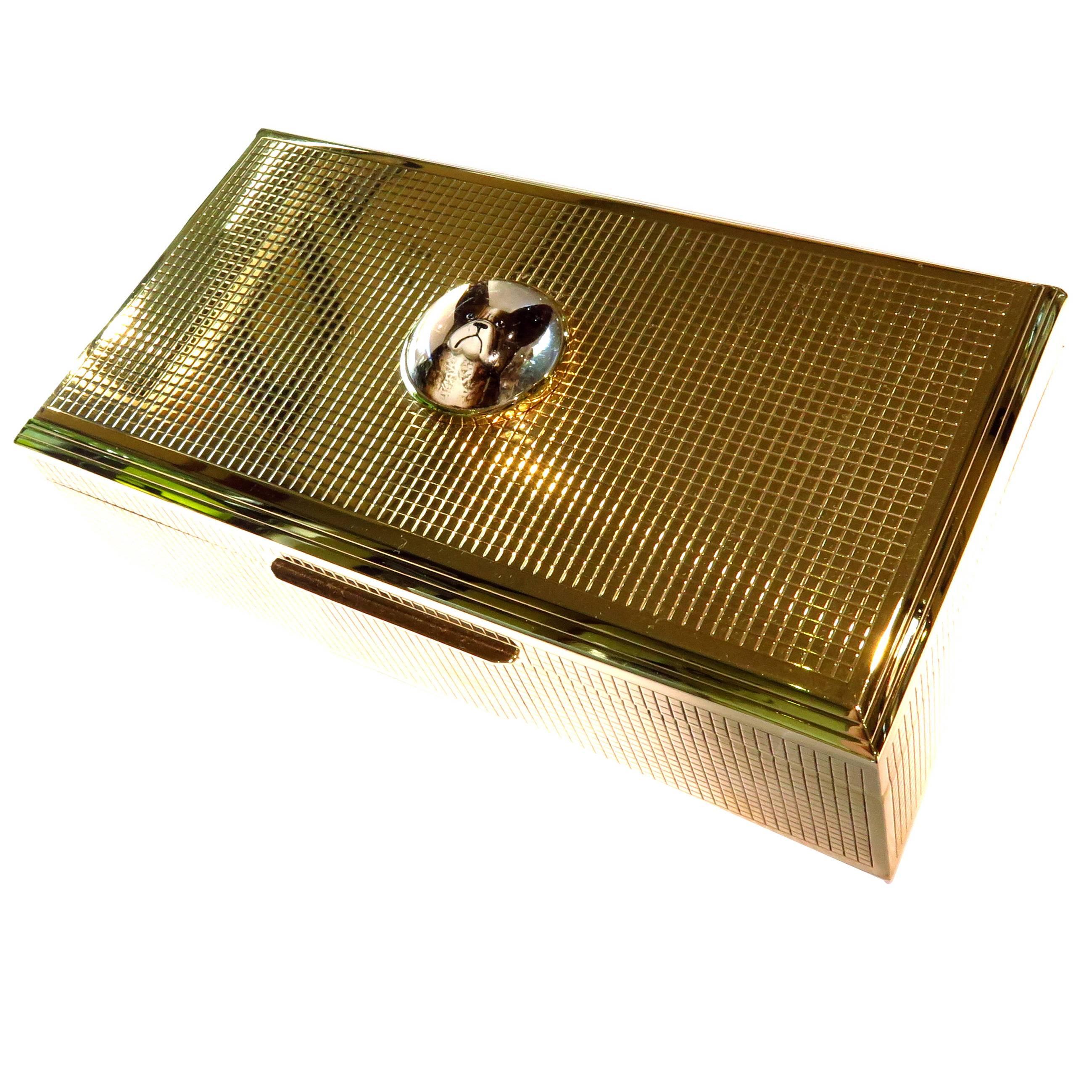 Spectacular Large Hallmarked English Essex Crystal Gold French Bulldog Box For Sale