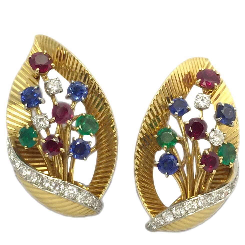 Cartier Ruby Emerald Sapphire Gold Leaf Ear Clips For Sale