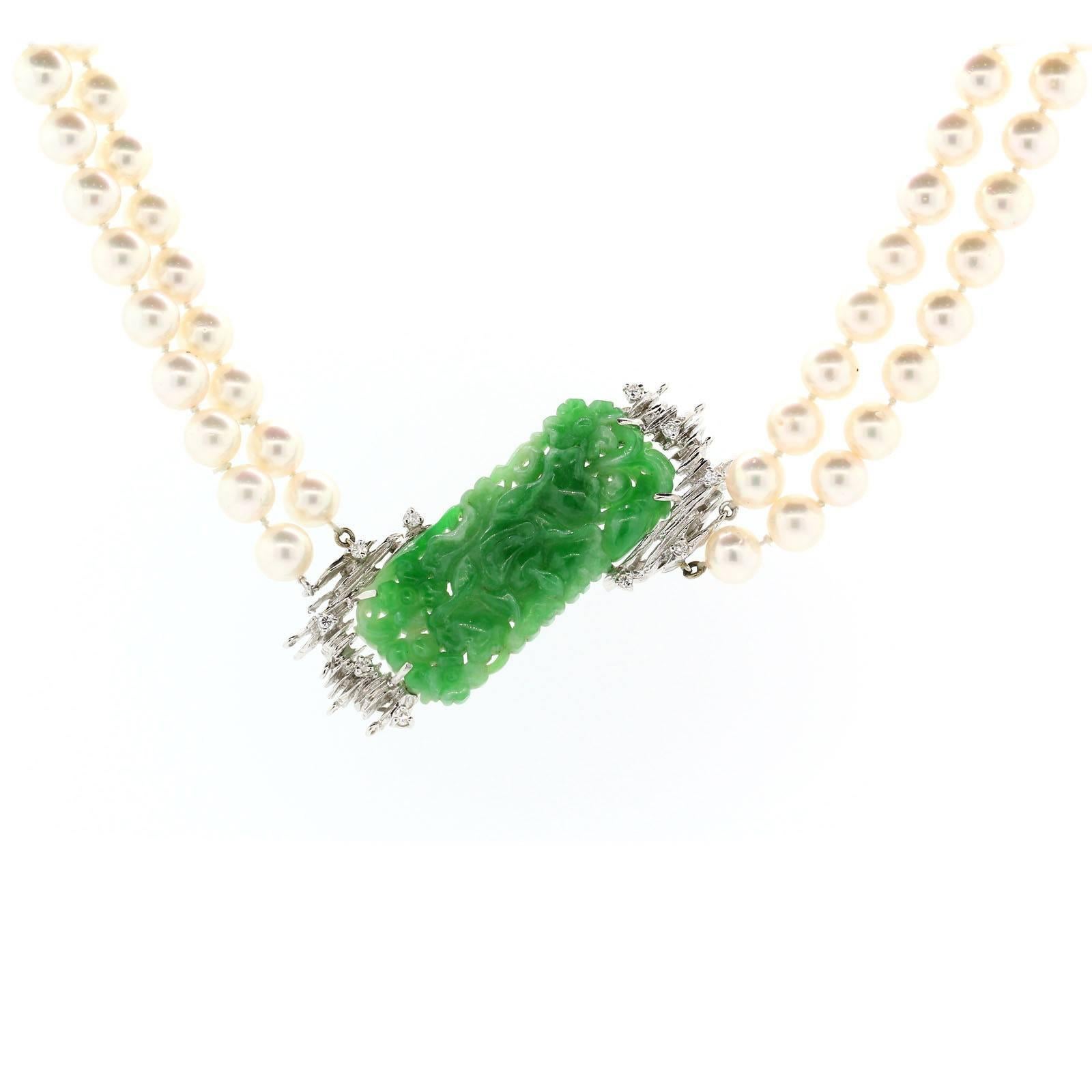 1960s Carved Jadeite Double Strand Pearl Diamond Gold Necklace 