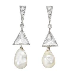 Natural Pearl Diamond Gold Platinum Pendant Earrings