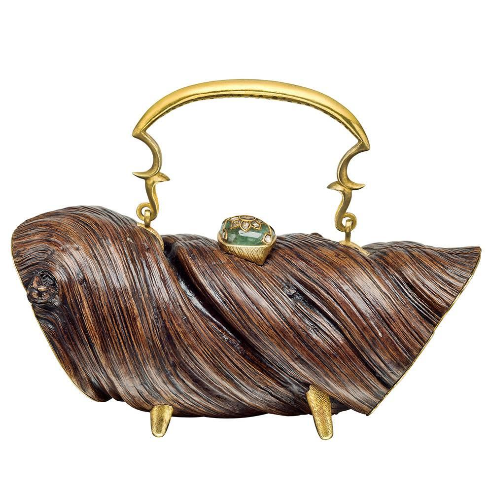 Lotus Arts de Vivre Carved Wood and Gem-Set Handbag For Sale