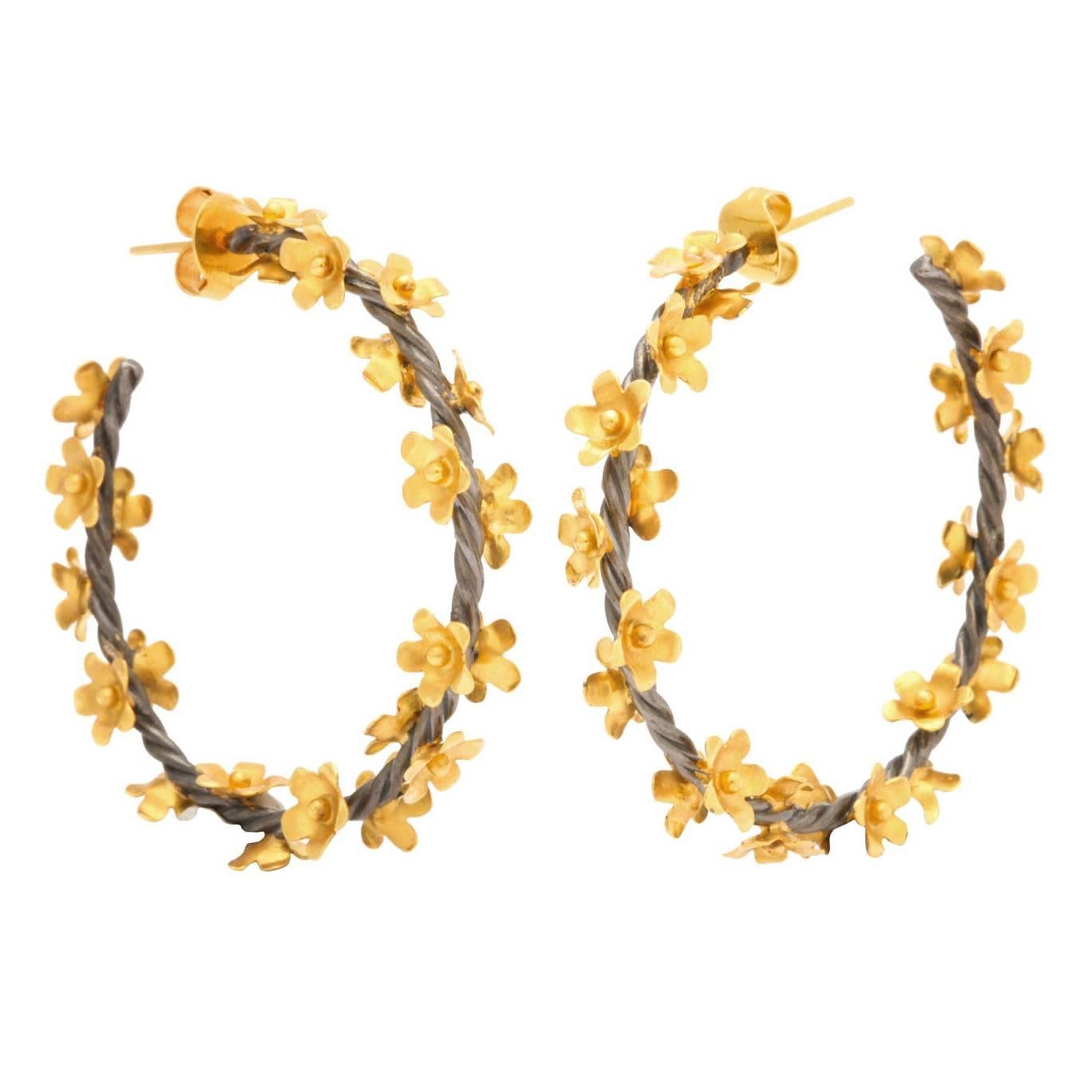 Silver Gold Floral Vine Hoop Earrings For Sale