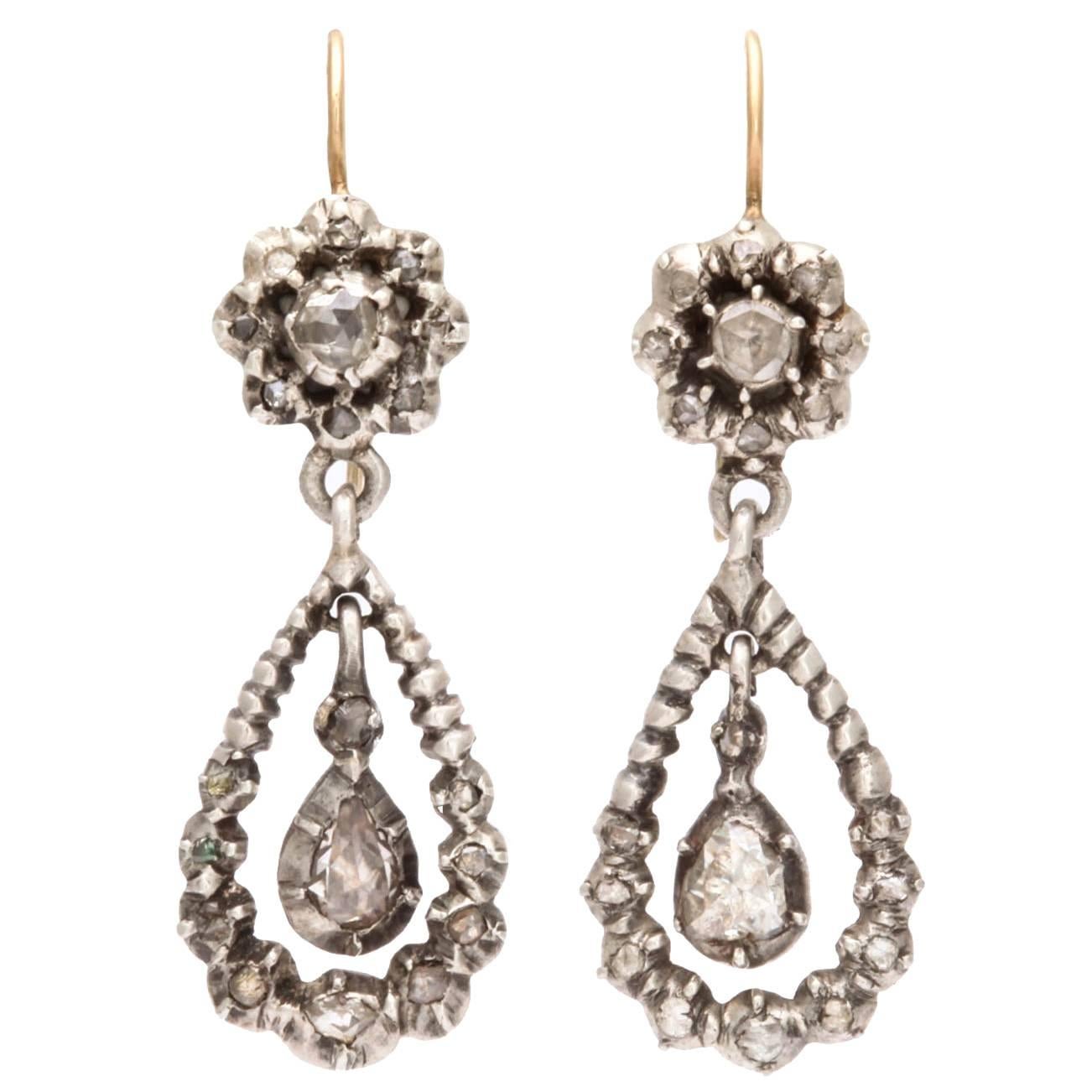 Antique Georgian Diamond Silver Gold Dangle Earrings