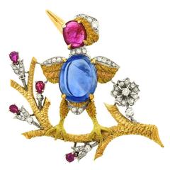 Cazzaniga No Heat Sapphire Ruby Diamond Gold Bird Brooch with AGL Report 6