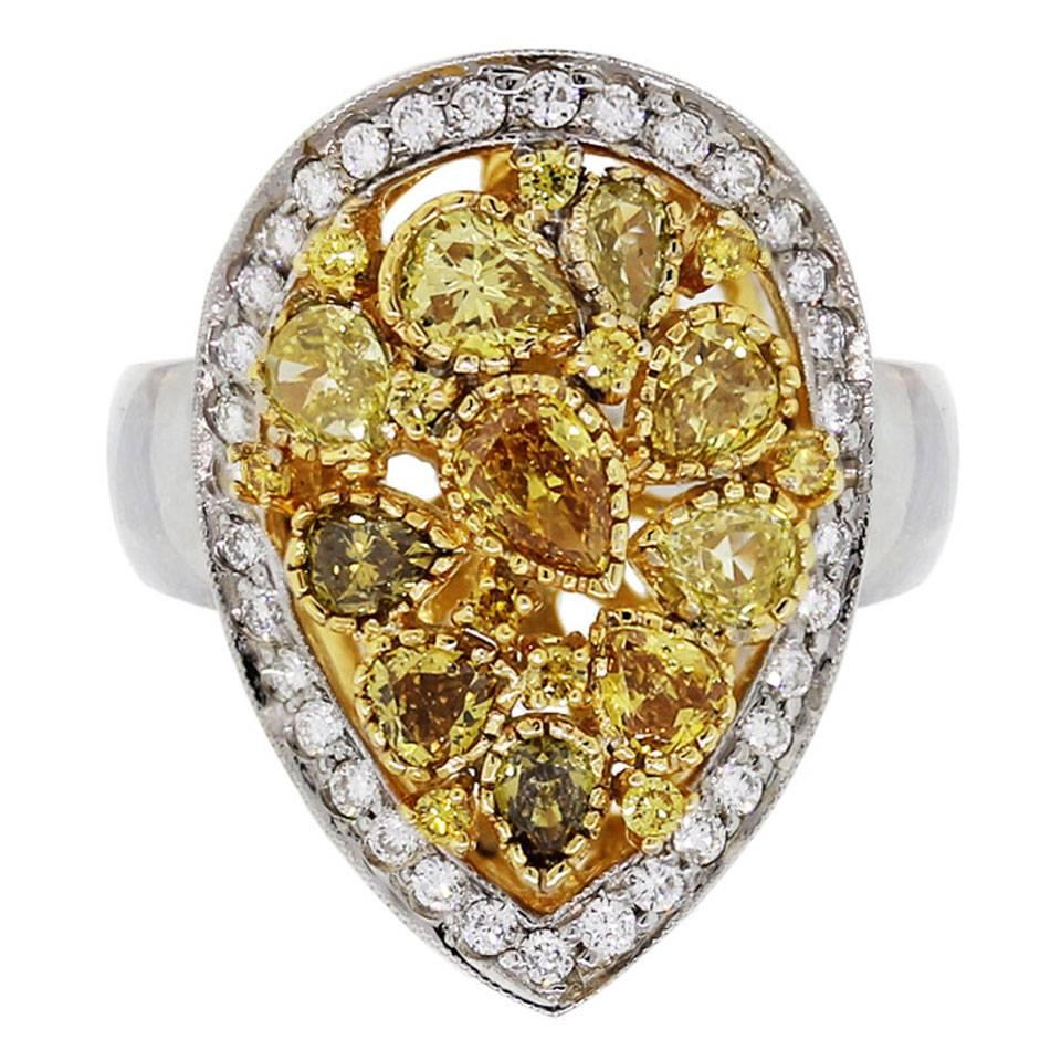 Pear Shape Yellow Diamond Two Color Gold Cluster Ring