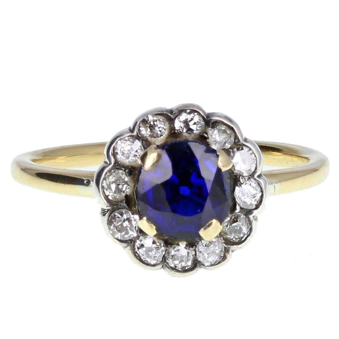 1920s Sapphire Diamond Gold Daisy Cluster Ring