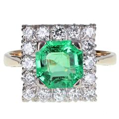 Square Emerald Diamond Gold Cluster Ring 12