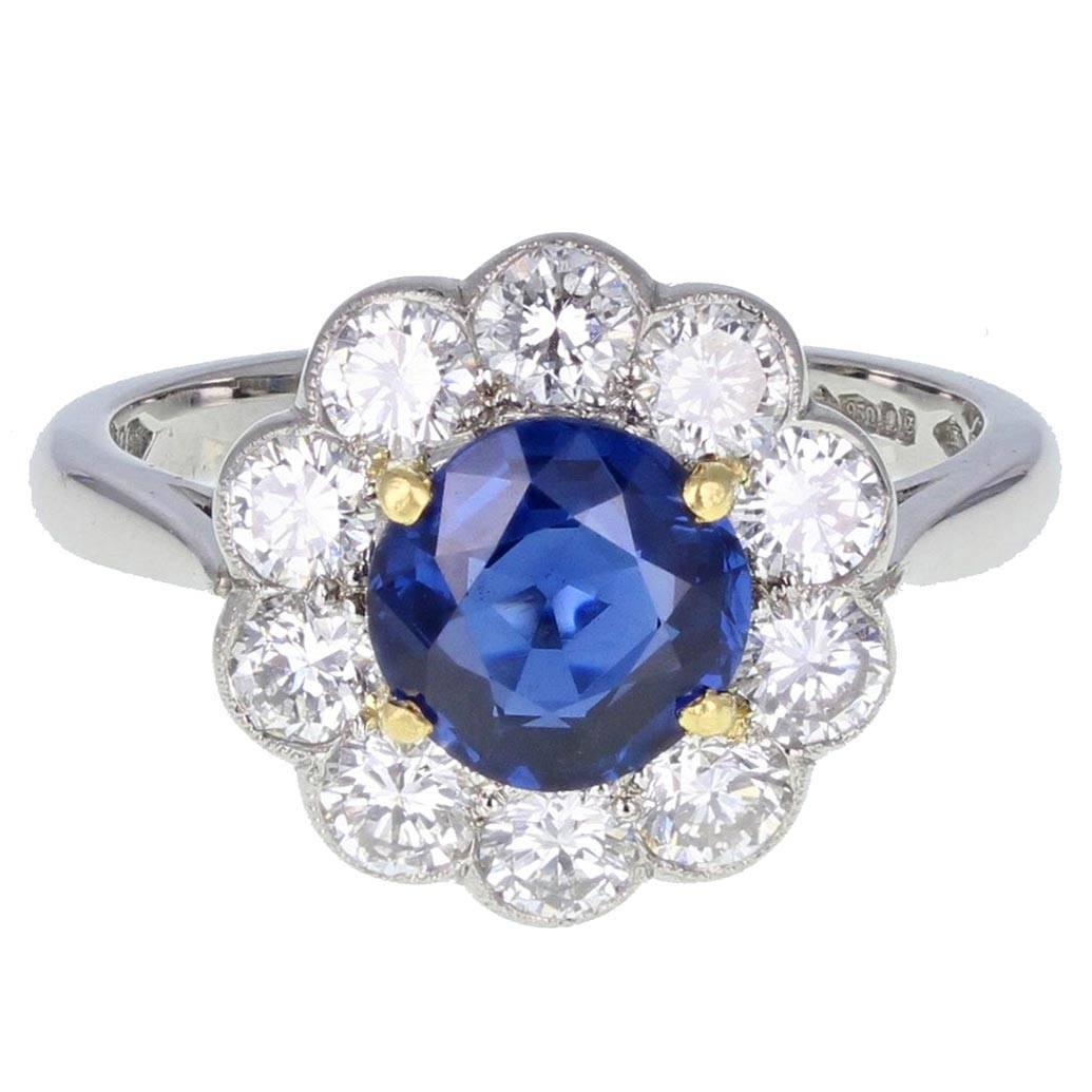 Sapphire Diamond Platinum Daisy Cluster Ring 
