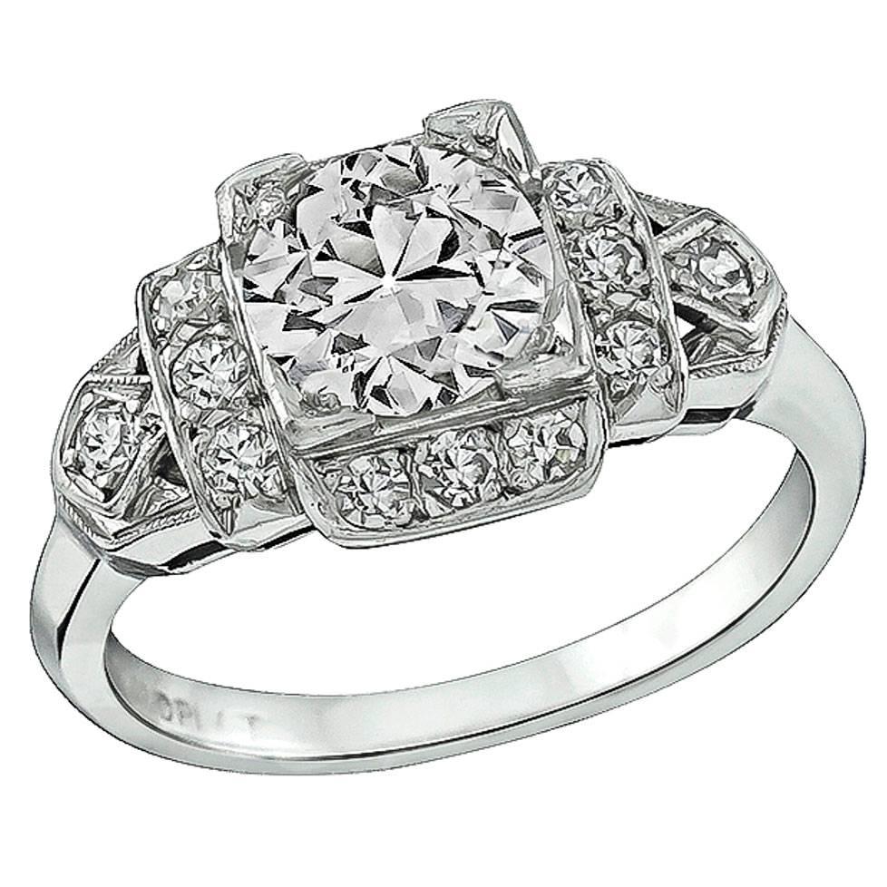 1.06 Carat Old European Cut Diamond Platinum Engagement Ring For Sale