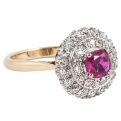 Vintage  Burma Ruby & 2 Row Diamond Cluster Ring in 18 Carat Gold, English circa 1950