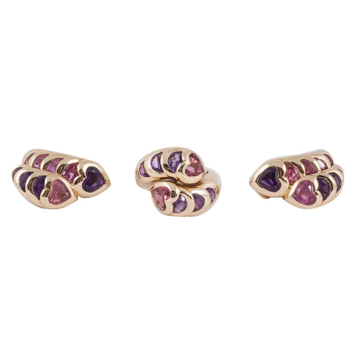 1970s French Pink Tourmaline Amethyst Gold Ring and Earrings