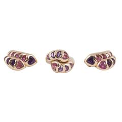 1970s French Pink Tourmaline Amethyst Gold Ring and Earrings