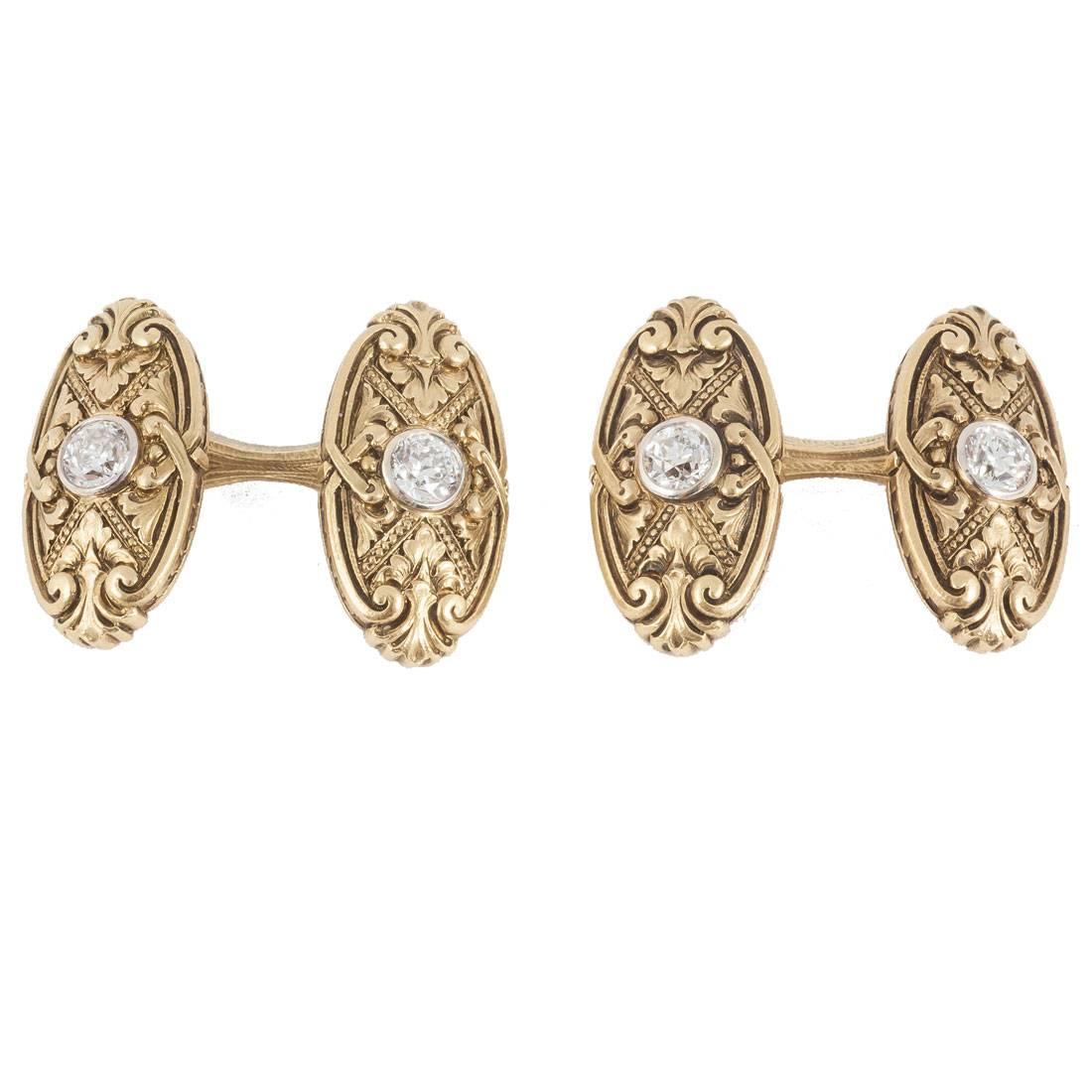 Antique Cufflinks, Carved Scrolls in 14 Karat Gold & Central Diamond, USA 1900 For Sale