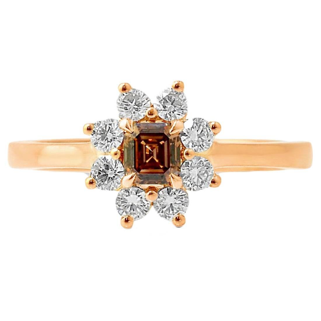 Natural Fancy Dark Orange Brown Emerald Cut Diamond and Colorless Diamond Ring For Sale